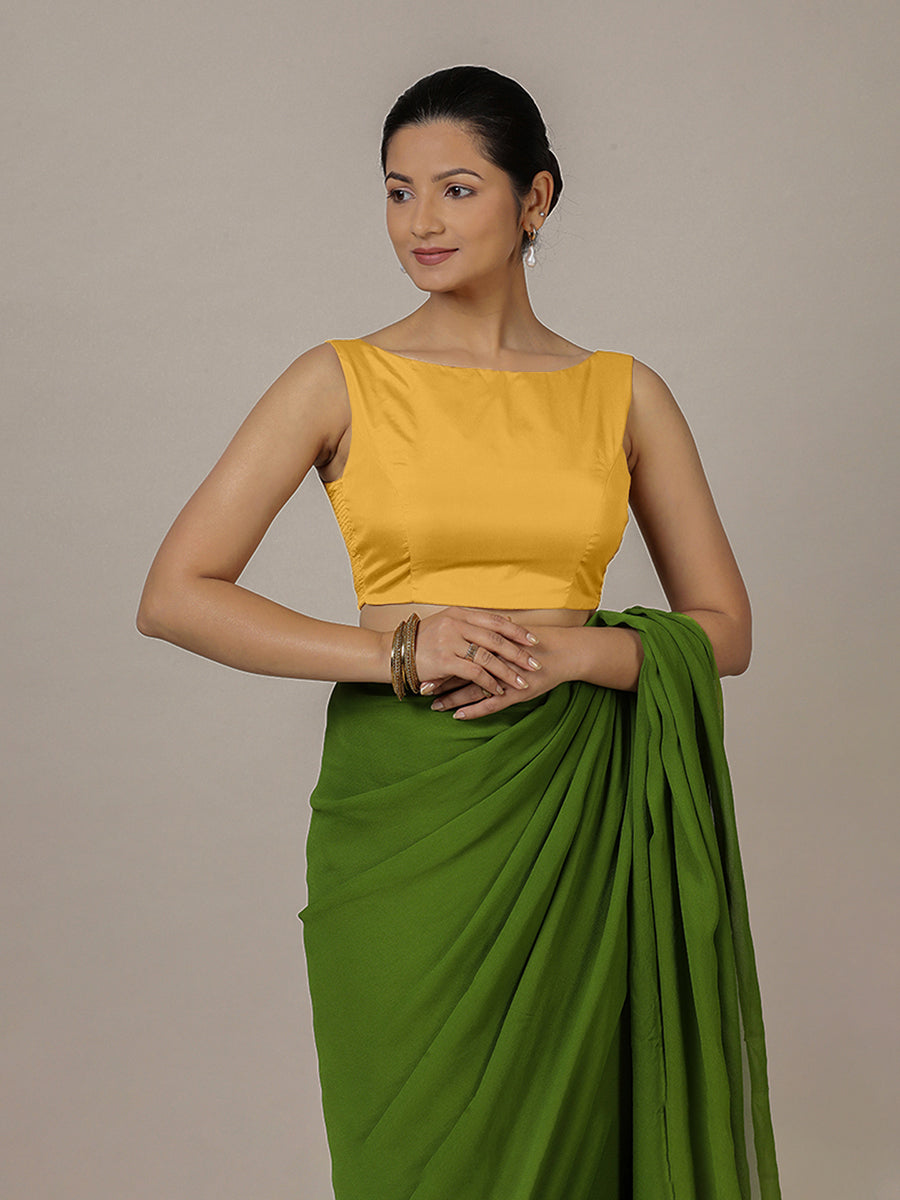 Sherry x Rozaana Saree Blouse, in Yellow Artificial Silk, featuring sleeveless and boat neckline, made for party & festive.