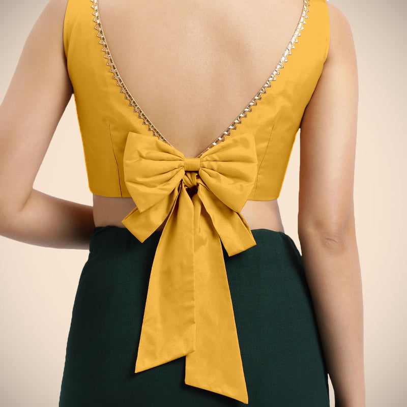 Sherry x Tyohaar | Sleeveless Marigold Yellow FlexiFit™ Gota Embellished Saree Blouse with Boat Neck-Binks