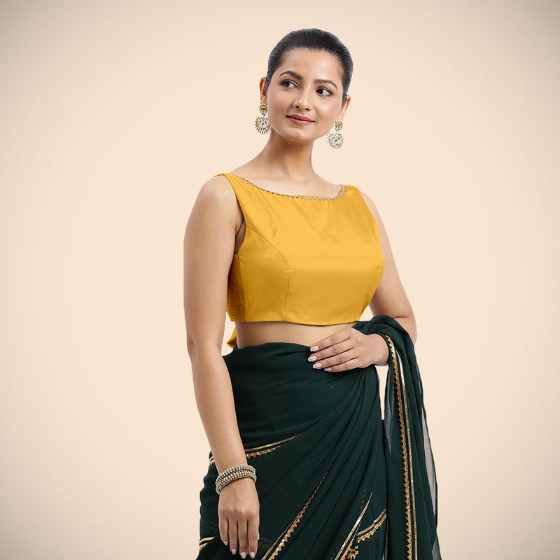 Sherry x Tyohaar | Sleeveless Marigold Yellow FlexiFit™ Gota Embellished Saree Blouse with Boat Neck-Binks