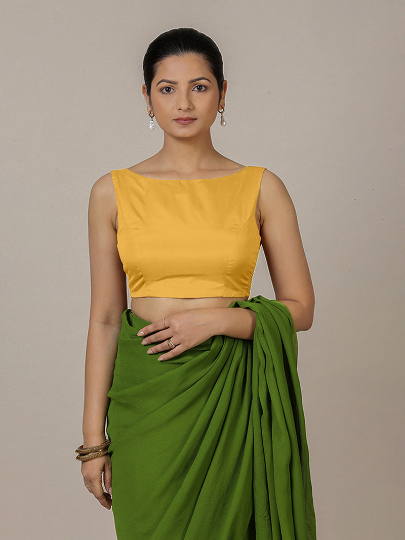 Sherry x Rozaana | Sleeveless Marigold Yellow FlexiFit™ Saree Blouse with Boat Neck-Binks