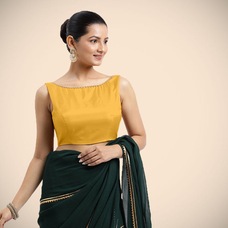 Sherry x Tyohaar | Sleeveless Marigold Yellow FlexiFit™ Gota Embellished Saree Blouse with Boat Neck-Binks