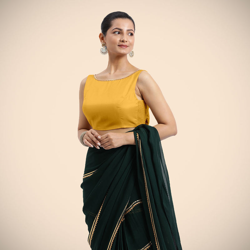 Sherry x Tyohaar | Sleeveless Marigold Yellow FlexiFit™ Gota Embellished Saree Blouse with Boat Neck-Binks