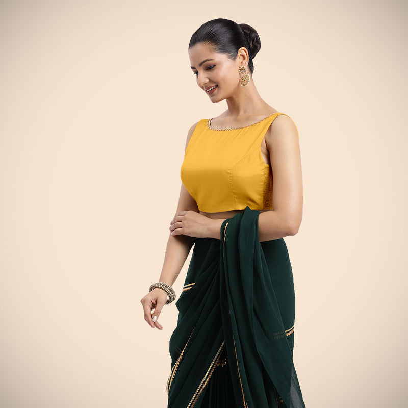Sherry x Tyohaar | Sleeveless Marigold Yellow FlexiFit™ Gota Embellished Saree Blouse with Boat Neck-Binks