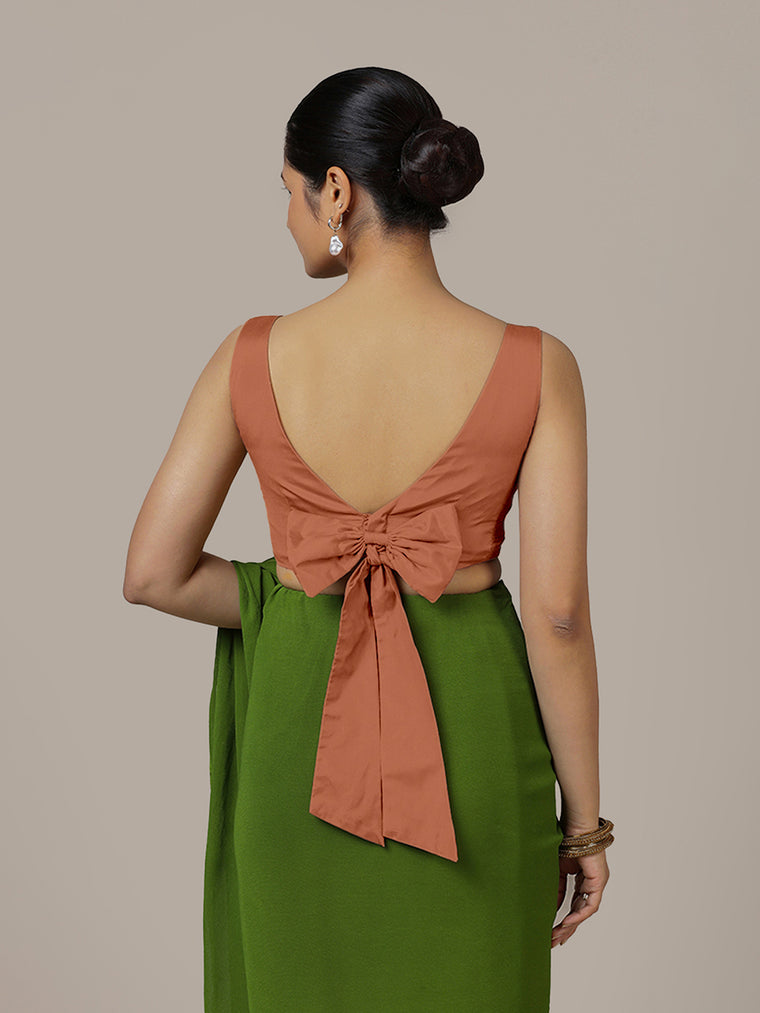 Sherry x Rozaana Saree Blouse, in Copper Vegan Silk, featuring sleeveless and boat neckline, made for party & festive (view 2).