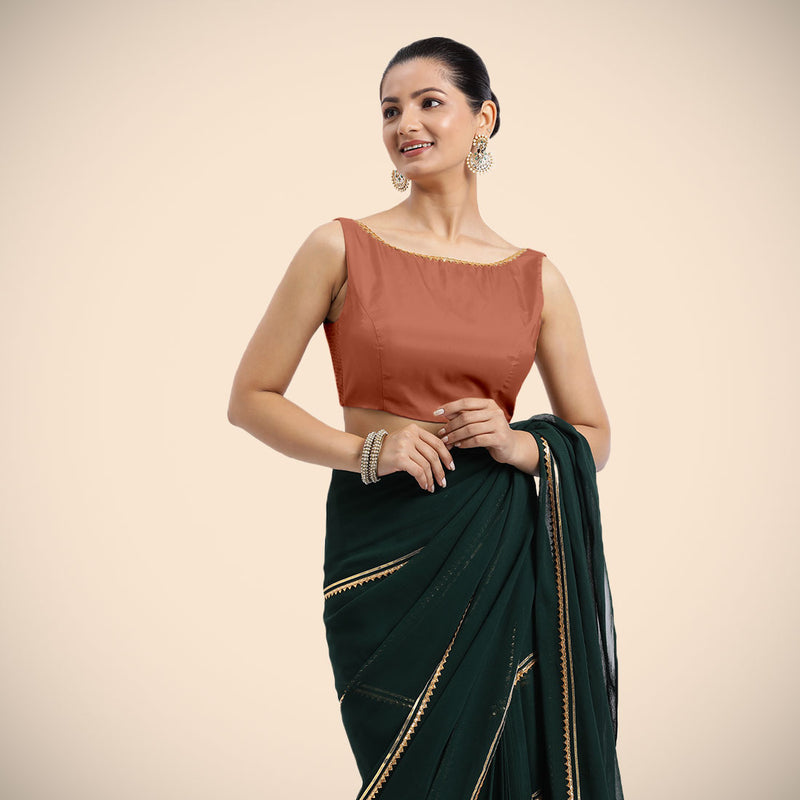 Sherry x Tyohaar | Metallic Copper Sleeveless FlexiFit™ Saree Blouse with Simple Golden Gota Lace on Neckline and Removable Bow on Back-Binks