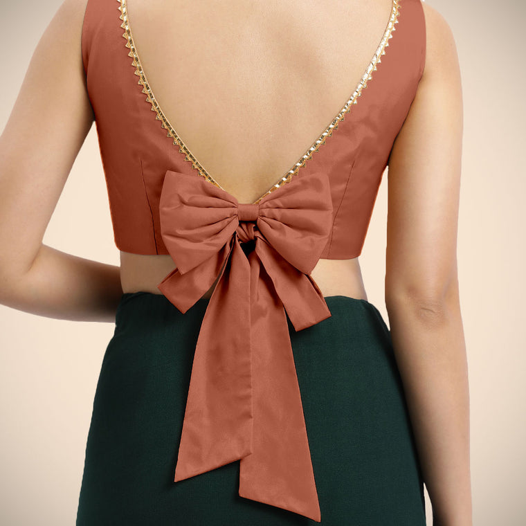 Sherry x Tyohaar Saree Blouse, in Copper Vegan Silk, featuring sleeveless and boat neckline, made for party & festive (view 3).