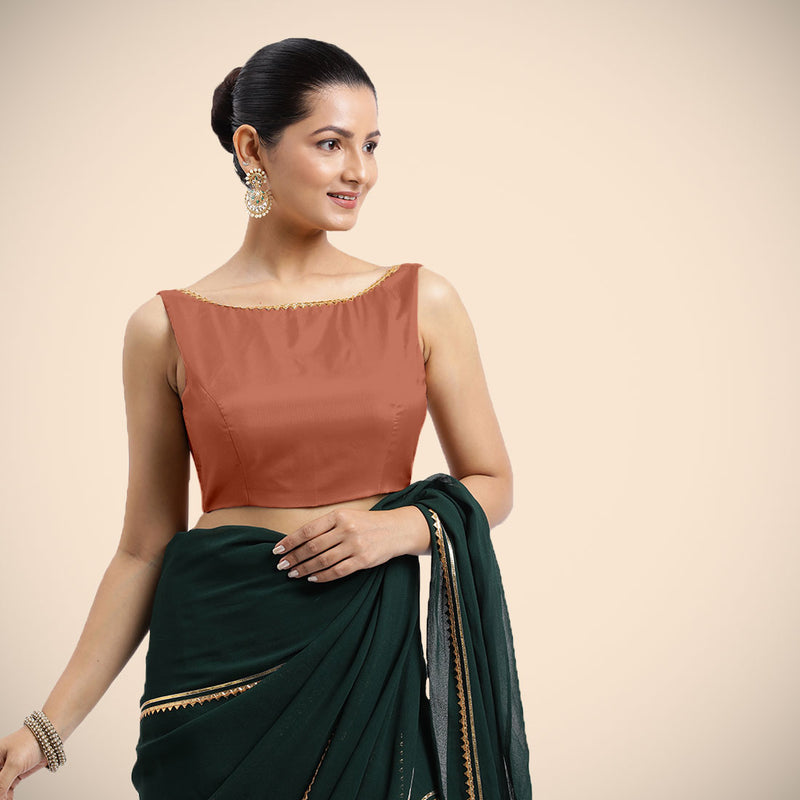 Sherry x Tyohaar | Metallic Copper Sleeveless FlexiFit™ Saree Blouse with Simple Golden Gota Lace on Neckline and Removable Bow on Back-Binks