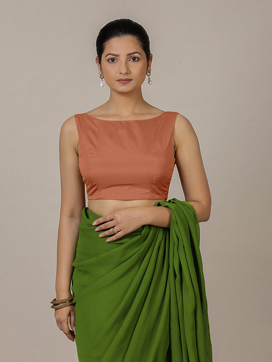 Sherry x Rozaana Saree Blouse, in Copper Vegan Silk, featuring sleeveless and boat neckline, made for party & festive (view 8).