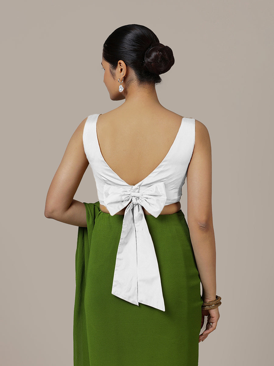 Sherry x Rozaana Saree Blouse, in White Vegan Silk, featuring sleeveless and boat neckline, made for party & festive (view 2).