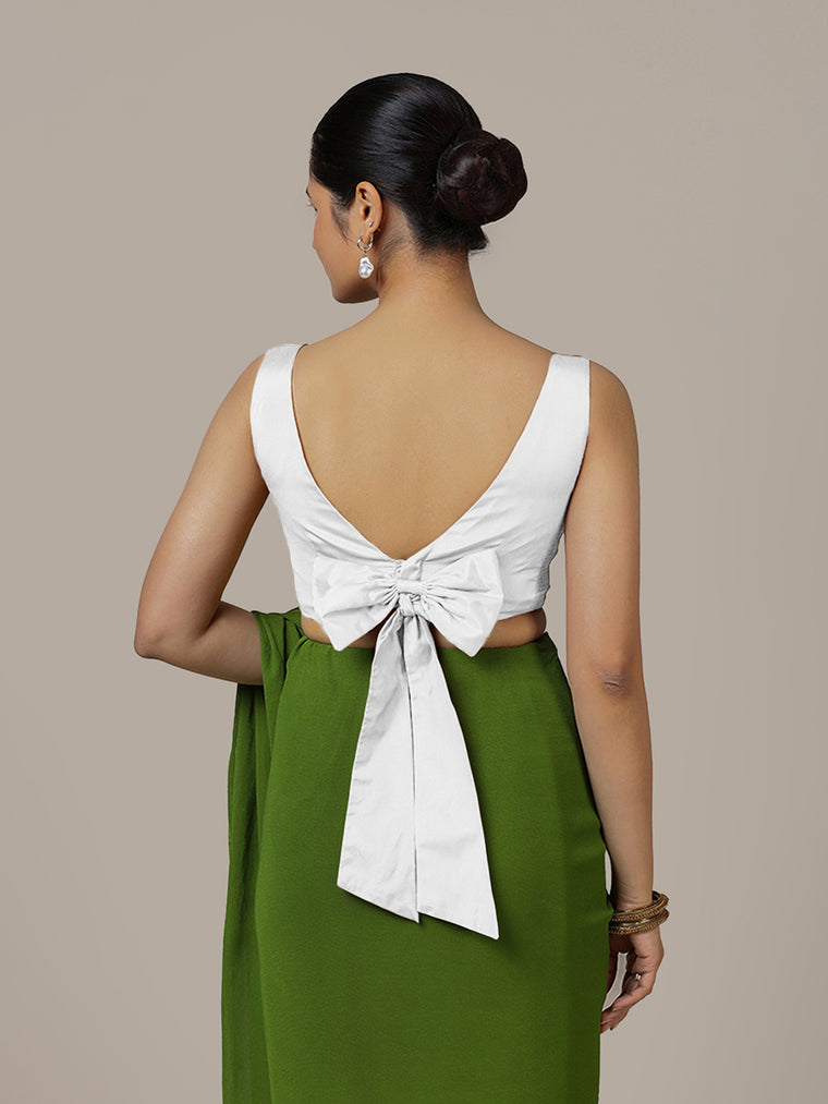 Sherry x Rozaana Saree Blouse, in White Vegan Silk, featuring sleeveless and boat neckline, made for party & festive (view 2).
