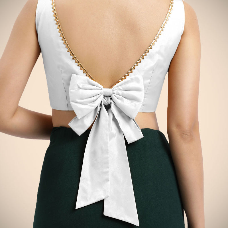 Sherry x Tyohaar | Pearl White Sleeveless FlexiFit™ Saree Blouse with Simple Golden Gota Lace on Neckline and Removable Bow on Back-Binks