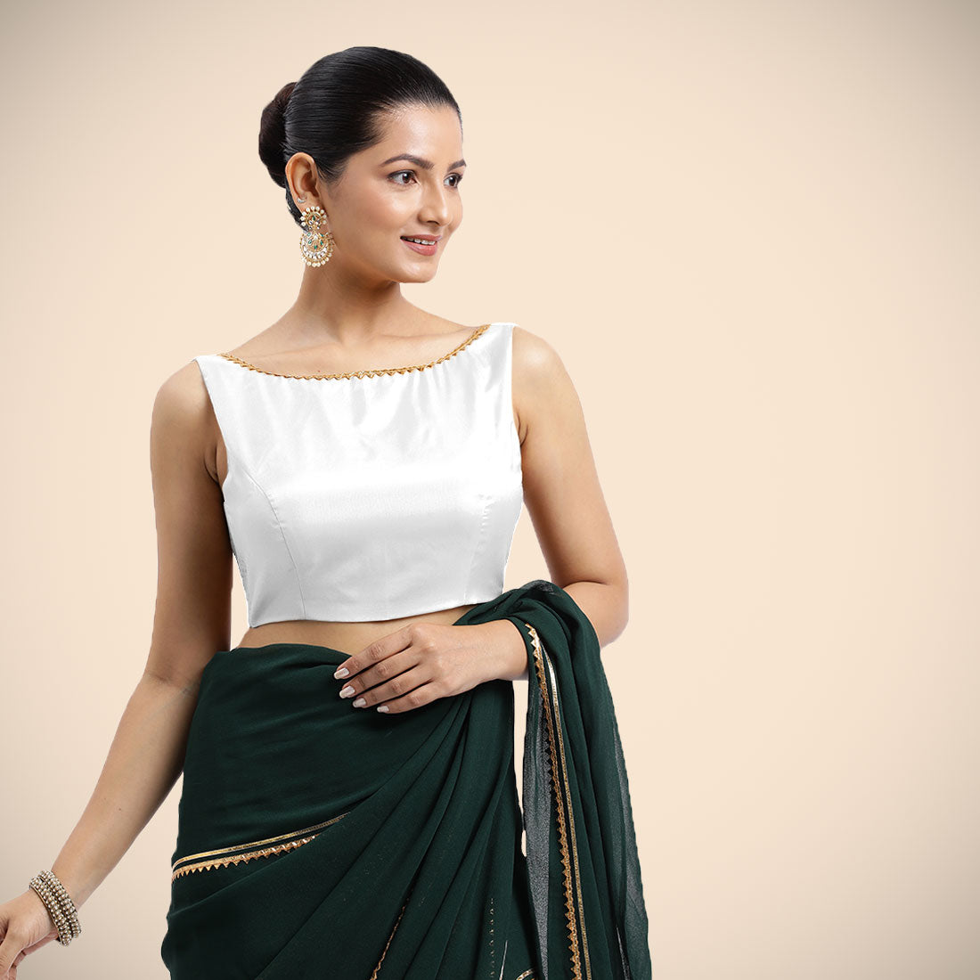 Sherry x Tyohaar Saree Blouse, in White Vegan Silk, featuring sleeveless and boat neckline, made for party & festive (view 5).