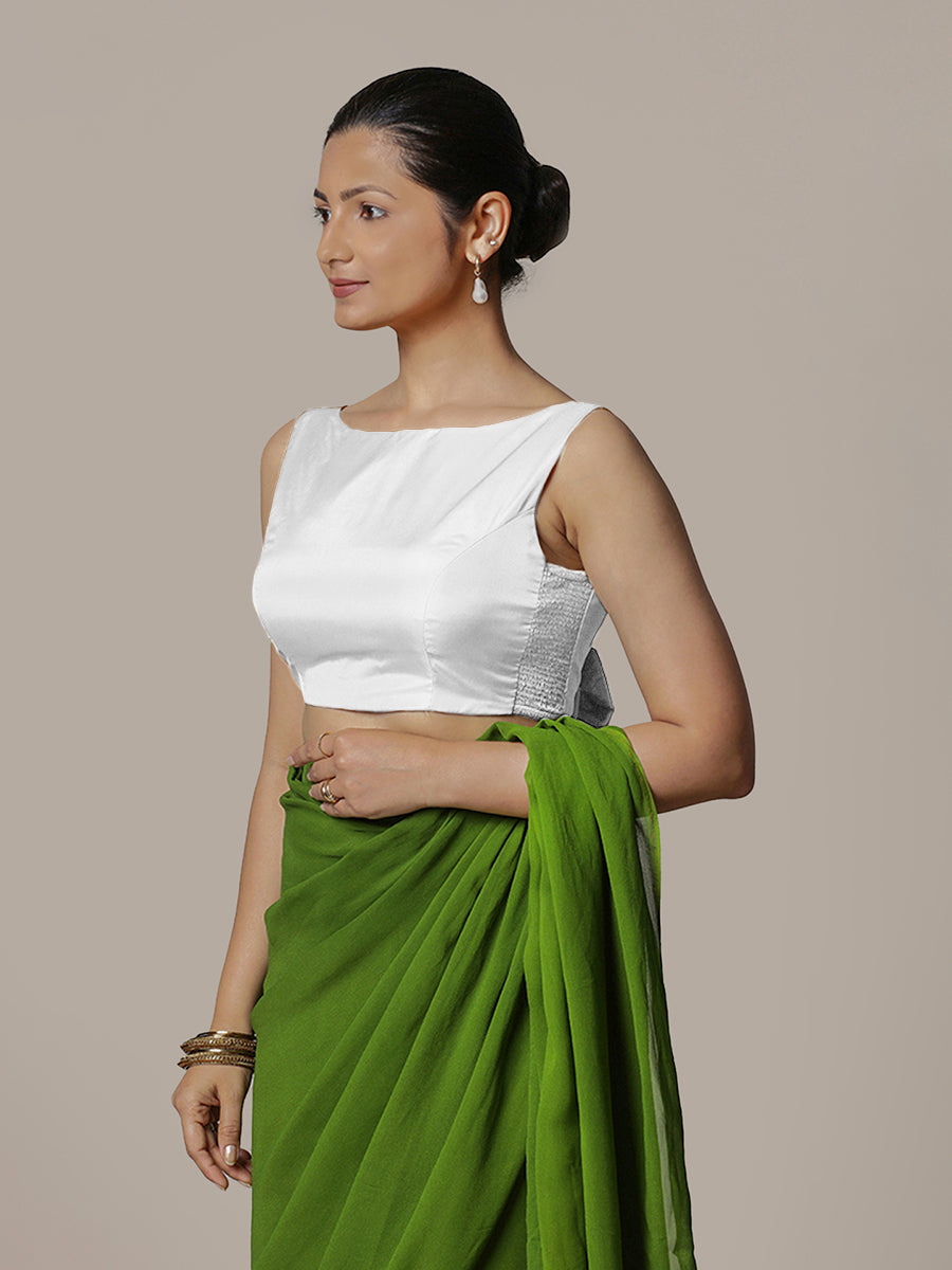 Sherry x Rozaana Saree Blouse, in White Vegan Silk, featuring sleeveless and boat neckline, made for party & festive (view 6).