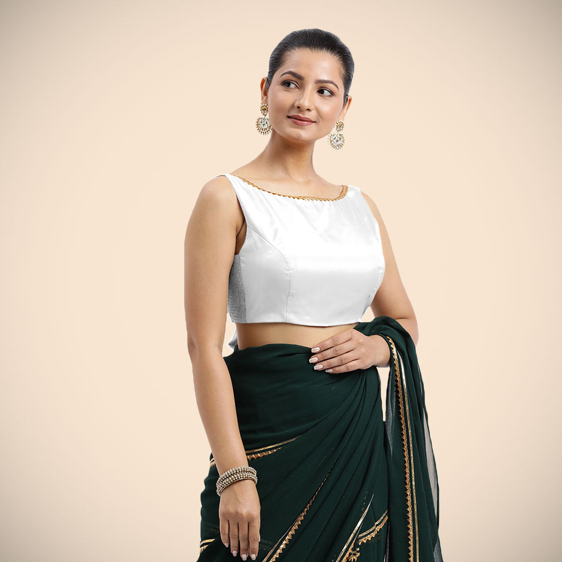Sherry x Tyohaar Saree Blouse, in White Vegan Silk, featuring sleeveless and boat neckline, made for party & festive (view 6).