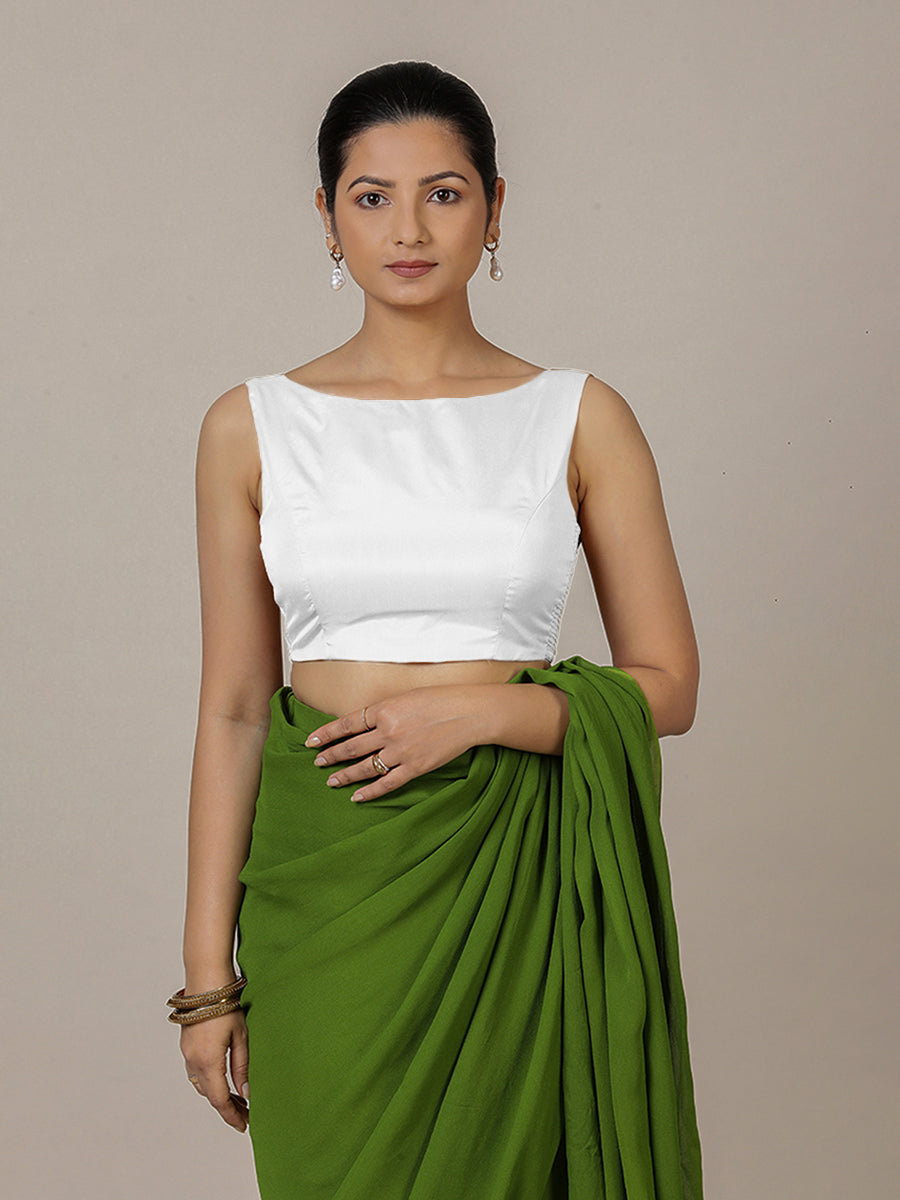 Sherry x Rozaana Saree Blouse, in White Vegan Silk, featuring sleeveless and boat neckline, made for party & festive (view 8).