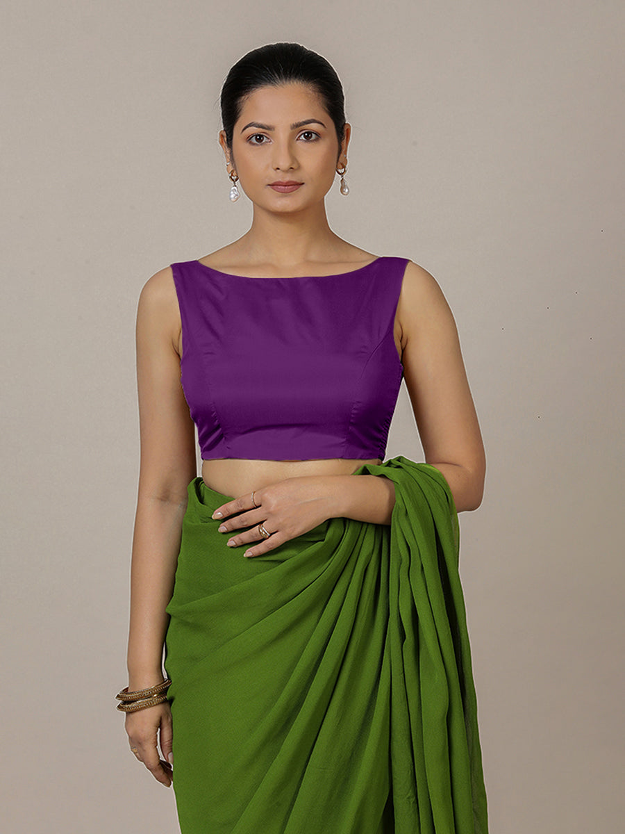 Sherry x Rozaana Saree Blouse, in Purple Vegan Silk, featuring sleeveless and boat neckline, made for party & festive.