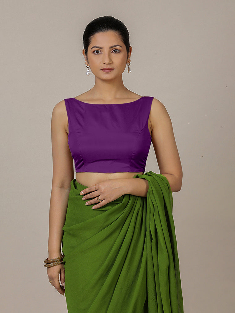 Sherry x Rozaana Saree Blouse, in Purple Vegan Silk, featuring sleeveless and boat neckline, made for party & festive.