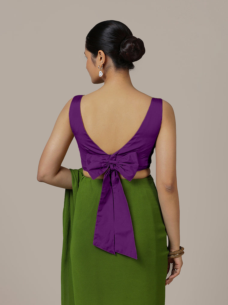 Sherry x Rozaana Saree Blouse, in Purple Vegan Silk, featuring sleeveless and boat neckline, made for party & festive (view 2).