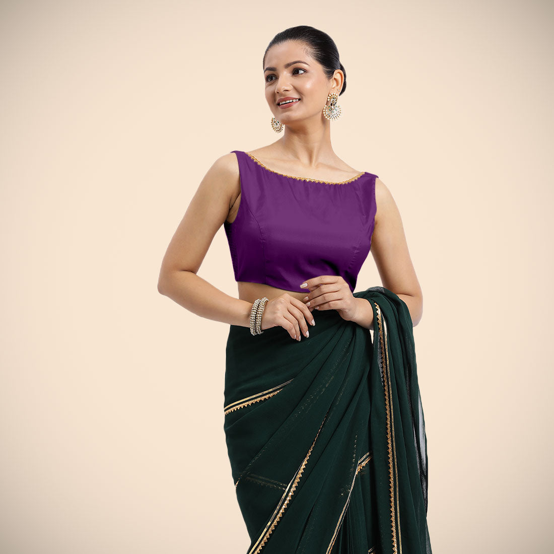 Sherry x Tyohaar Saree Blouse, in Purple Vegan Silk, featuring sleeveless and boat neckline, made for party & festive (view 4).
