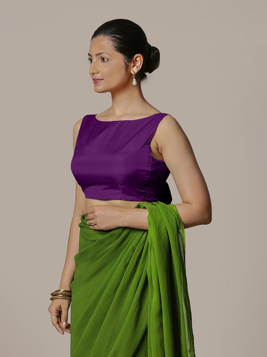Sherry x Rozaana Saree Blouse, in Purple Vegan Silk, featuring sleeveless and boat neckline, made for party & festive (view 6).