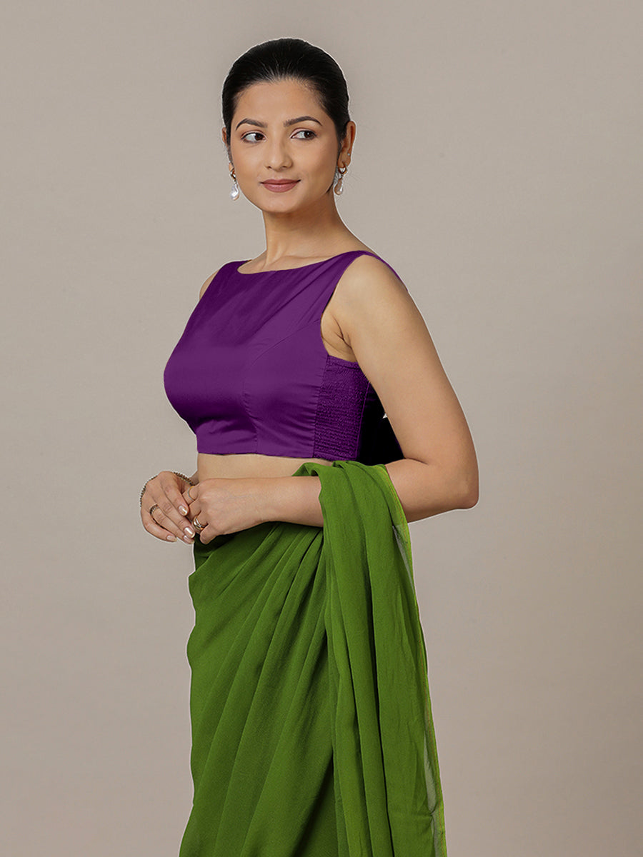 Sherry x Rozaana Saree Blouse, in Purple Vegan Silk, featuring sleeveless and boat neckline, made for party & festive (view 7).
