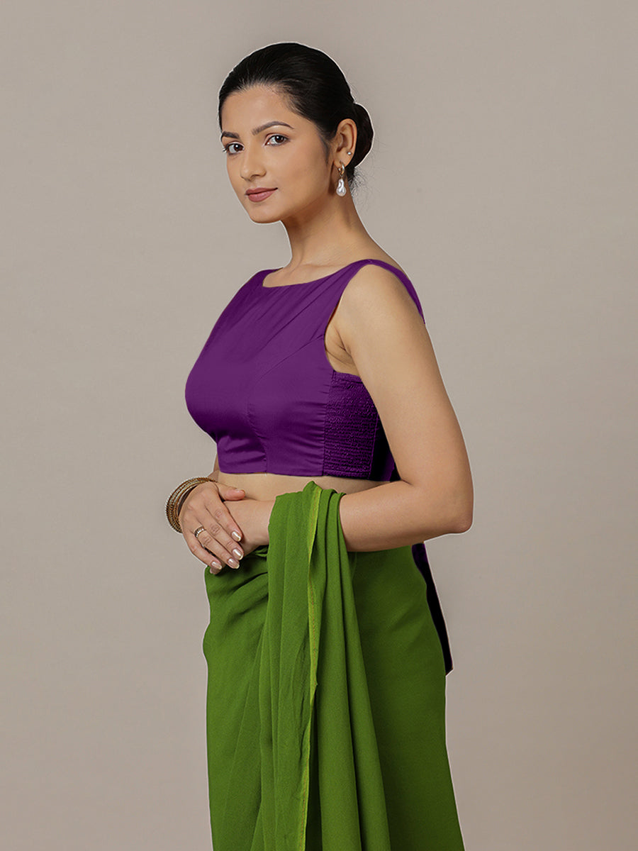 Sherry x Rozaana Saree Blouse, in Purple Vegan Silk, featuring sleeveless and boat neckline, made for party & festive (view 8).