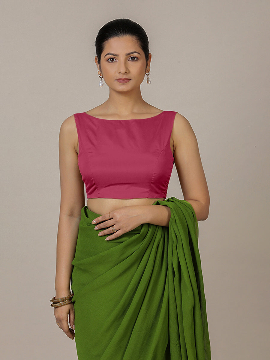 Sherry x Rozaana Saree Blouse, in Pink Vegan Silk, featuring sleeveless and boat neckline, made for party & festive.