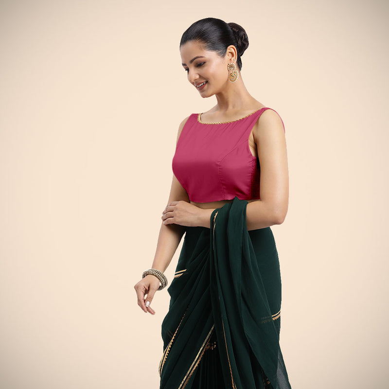Sherry x Tyohaar | Rani Pink Sleeveless FlexiFit™ Saree Blouse with Simple Golden Gota Lace on Neckline and Removable Bow on Back-Binks