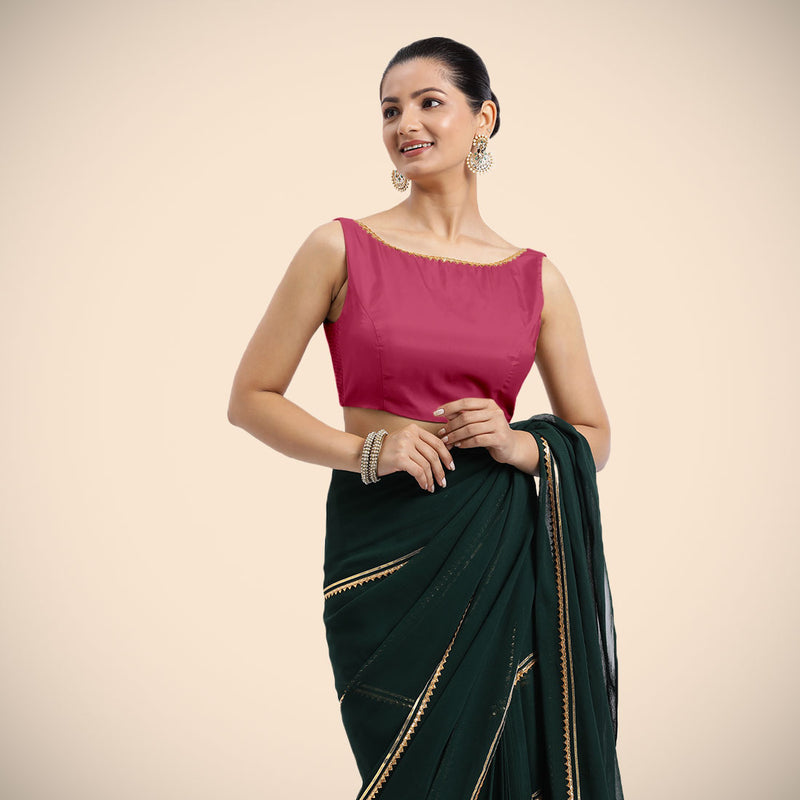 Sherry x Tyohaar | Rani Pink Sleeveless FlexiFit™ Saree Blouse with Simple Golden Gota Lace on Neckline and Removable Bow on Back-Binks