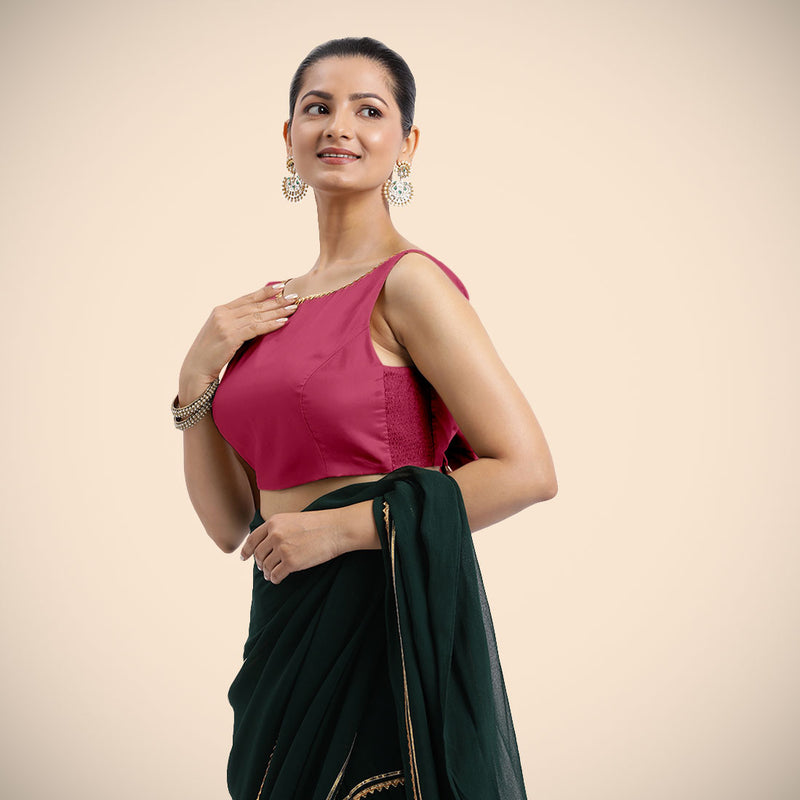 Sherry x Tyohaar | Rani Pink Sleeveless FlexiFit™ Saree Blouse with Simple Golden Gota Lace on Neckline and Removable Bow on Back-Binks