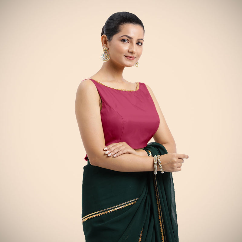 Sherry x Tyohaar | Rani Pink Sleeveless FlexiFit™ Saree Blouse with Simple Golden Gota Lace on Neckline and Removable Bow on Back-Binks
