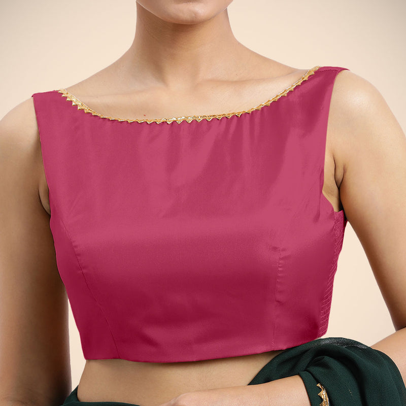 Sherry x Tyohaar | Rani Pink Sleeveless FlexiFit™ Saree Blouse with Simple Golden Gota Lace on Neckline and Removable Bow on Back-Binks