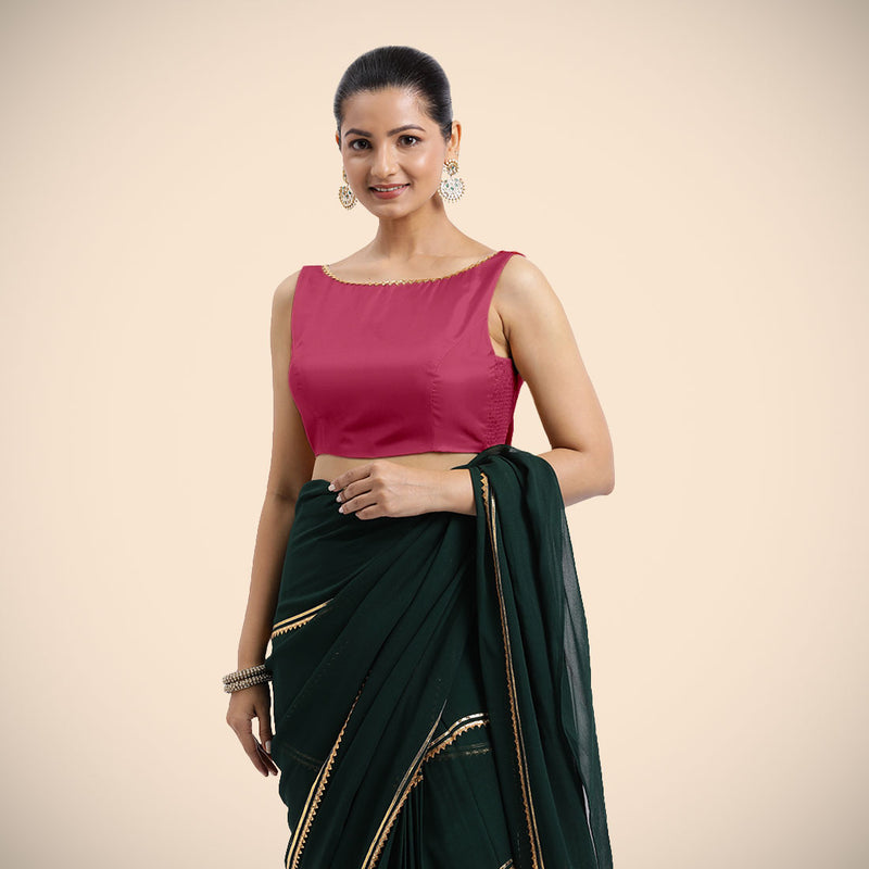 Sherry x Tyohaar | Rani Pink Sleeveless FlexiFit™ Saree Blouse with Simple Golden Gota Lace on Neckline and Removable Bow on Back-Binks