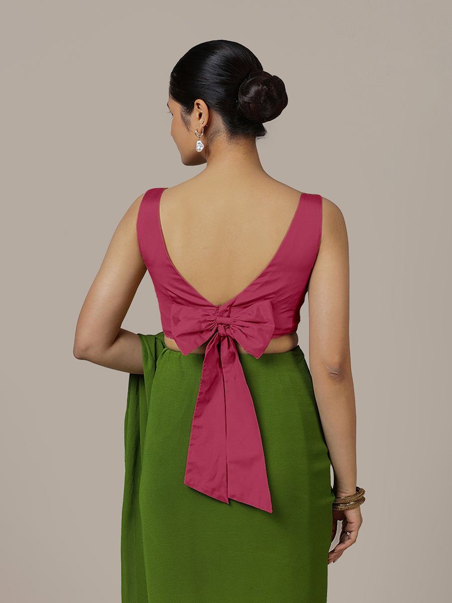 Sherry x Rozaana Saree Blouse, in Pink Vegan Silk, featuring sleeveless and boat neckline, made for party & festive (view 2).
