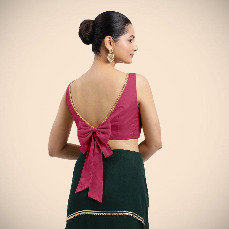 Sherry x Tyohaar | Rani Pink Sleeveless FlexiFit™ Saree Blouse with Simple Golden Gota Lace on Neckline and Removable Bow on Back-Binks