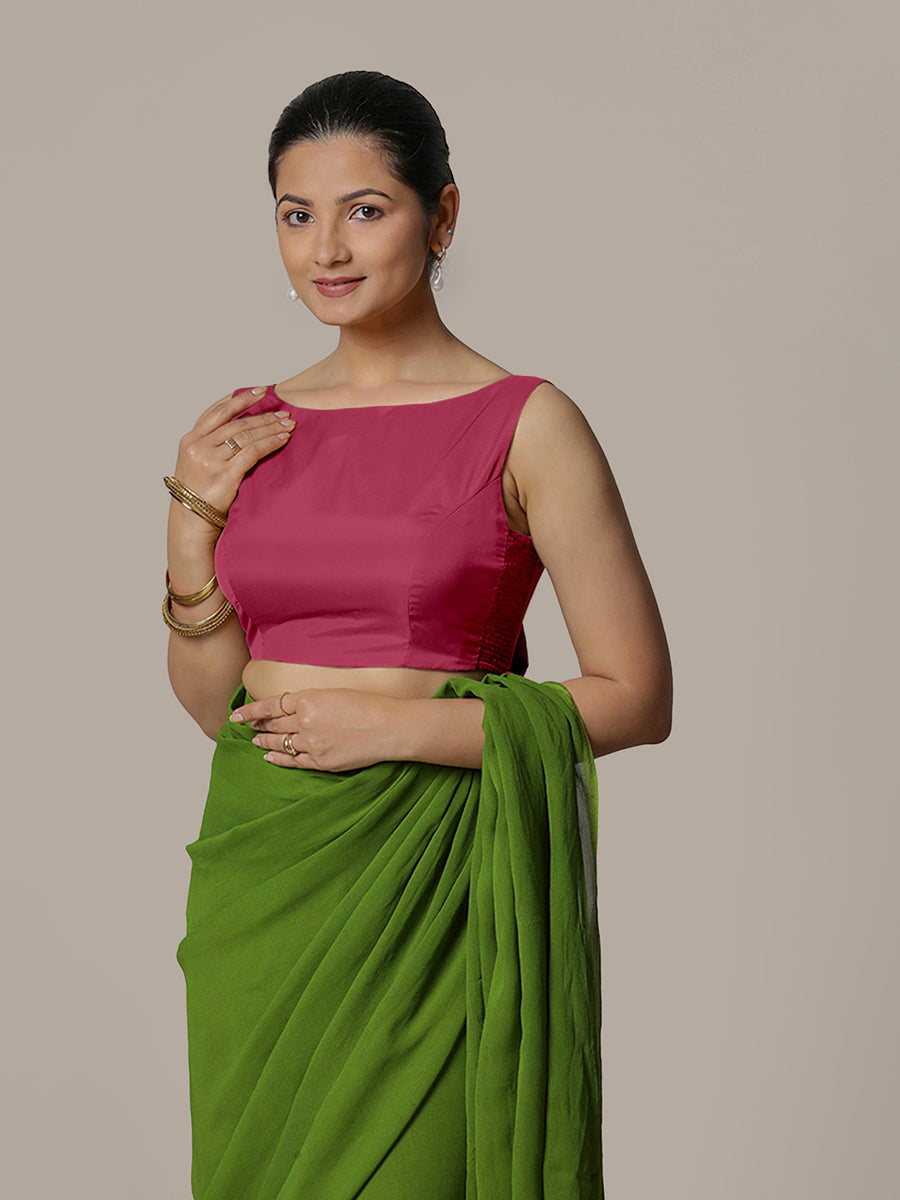 Sherry x Rozaana Saree Blouse, in Pink Vegan Silk, featuring sleeveless and boat neckline, made for party & festive (view 5).