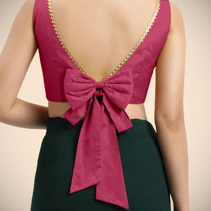 Sherry x Tyohaar | Rani Pink Sleeveless FlexiFit™ Saree Blouse with Simple Golden Gota Lace on Neckline and Removable Bow on Back-Binks