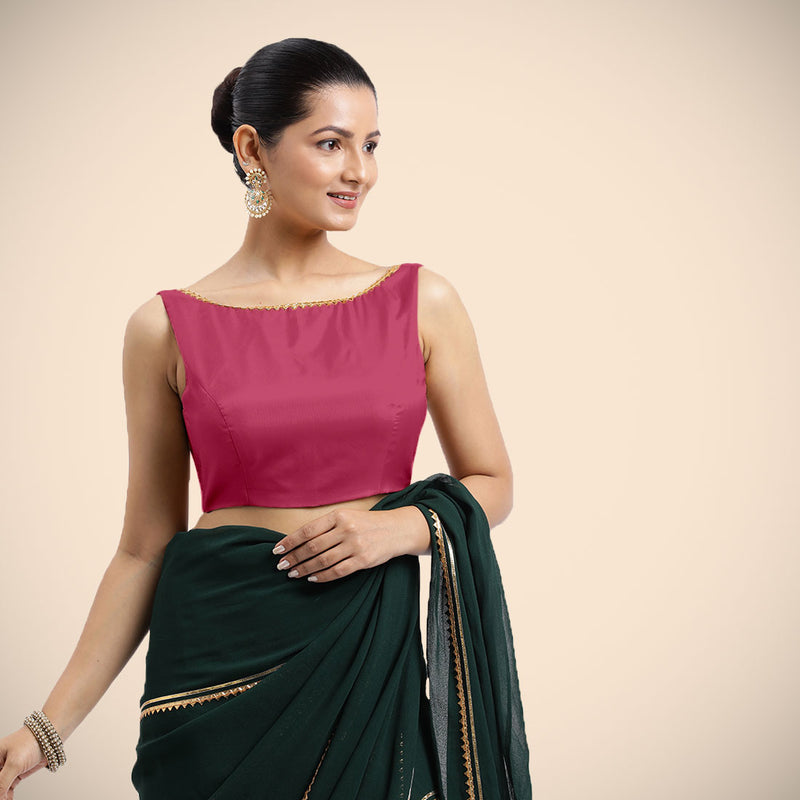 Sherry x Tyohaar | Rani Pink Sleeveless FlexiFit™ Saree Blouse with Simple Golden Gota Lace on Neckline and Removable Bow on Back-Binks