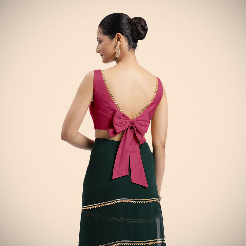 Sherry x Tyohaar | Rani Pink Sleeveless FlexiFit™ Saree Blouse with Simple Golden Gota Lace on Neckline and Removable Bow on Back-Binks