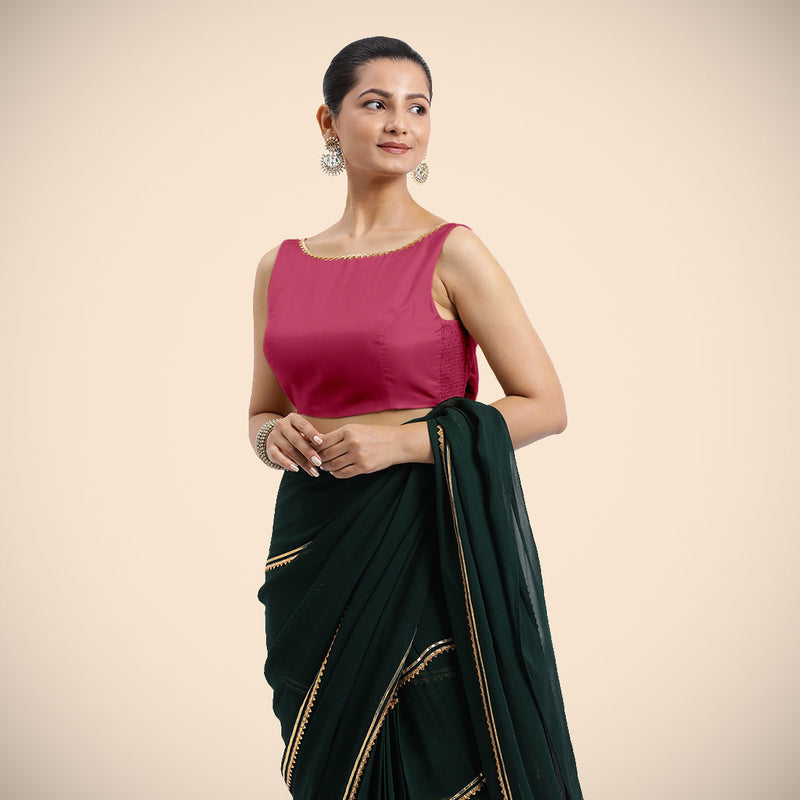Sherry x Tyohaar | Rani Pink Sleeveless FlexiFit™ Saree Blouse with Simple Golden Gota Lace on Neckline and Removable Bow on Back-Binks