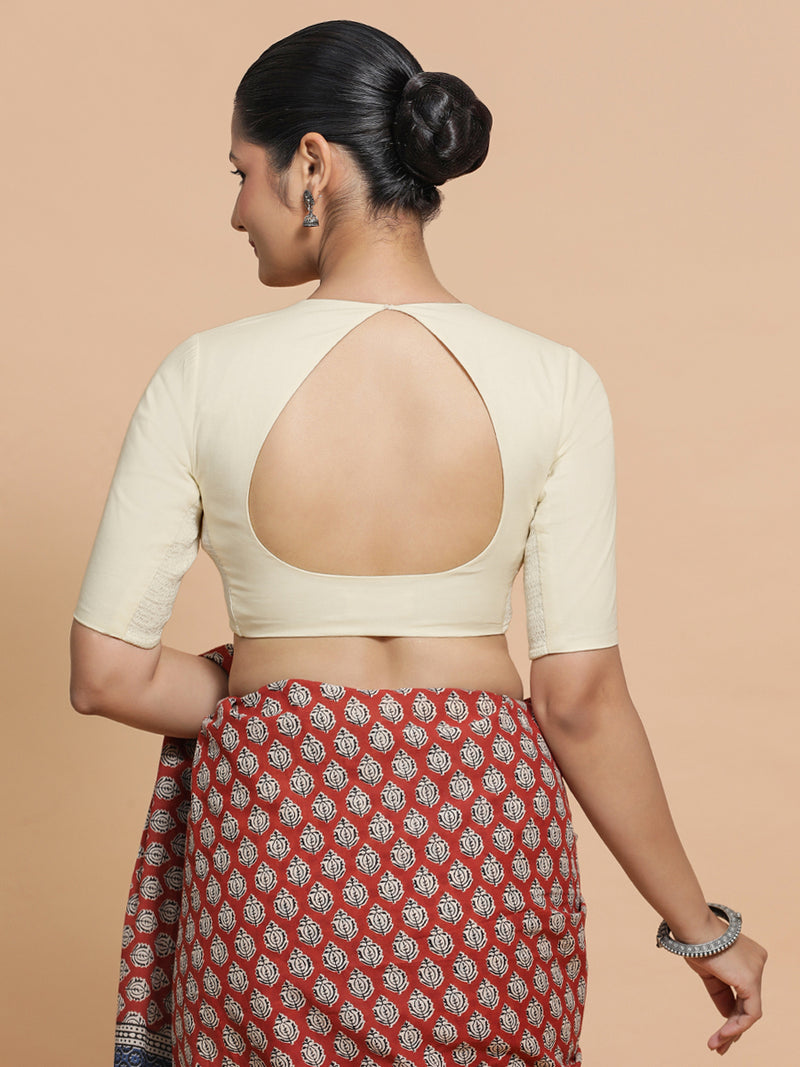 Shifa x Rozaana | Pot Neck Saree Blouse in Chalk White Linen-Binks