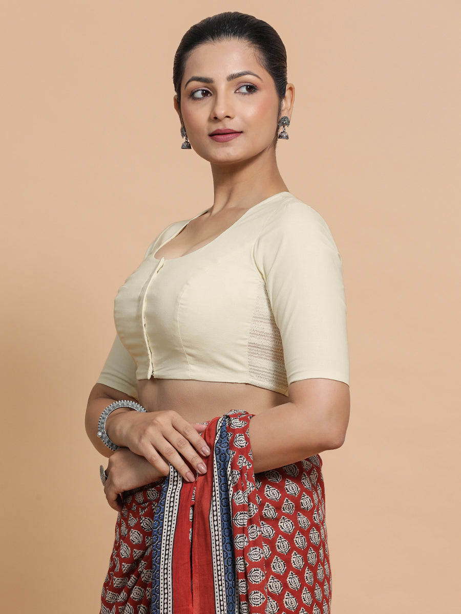 Shifa x Rozaana Saree Blouse, in White Linen, featuring elbow sleeves and pot neckline, made for daily & work (view 5).