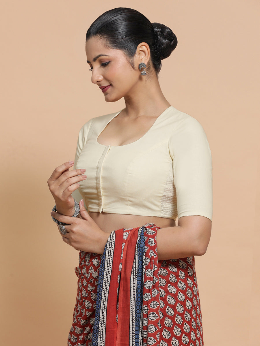 Shifa x Rozaana Saree Blouse, in White Linen, featuring elbow sleeves and pot neckline, made for daily & work (view 6).