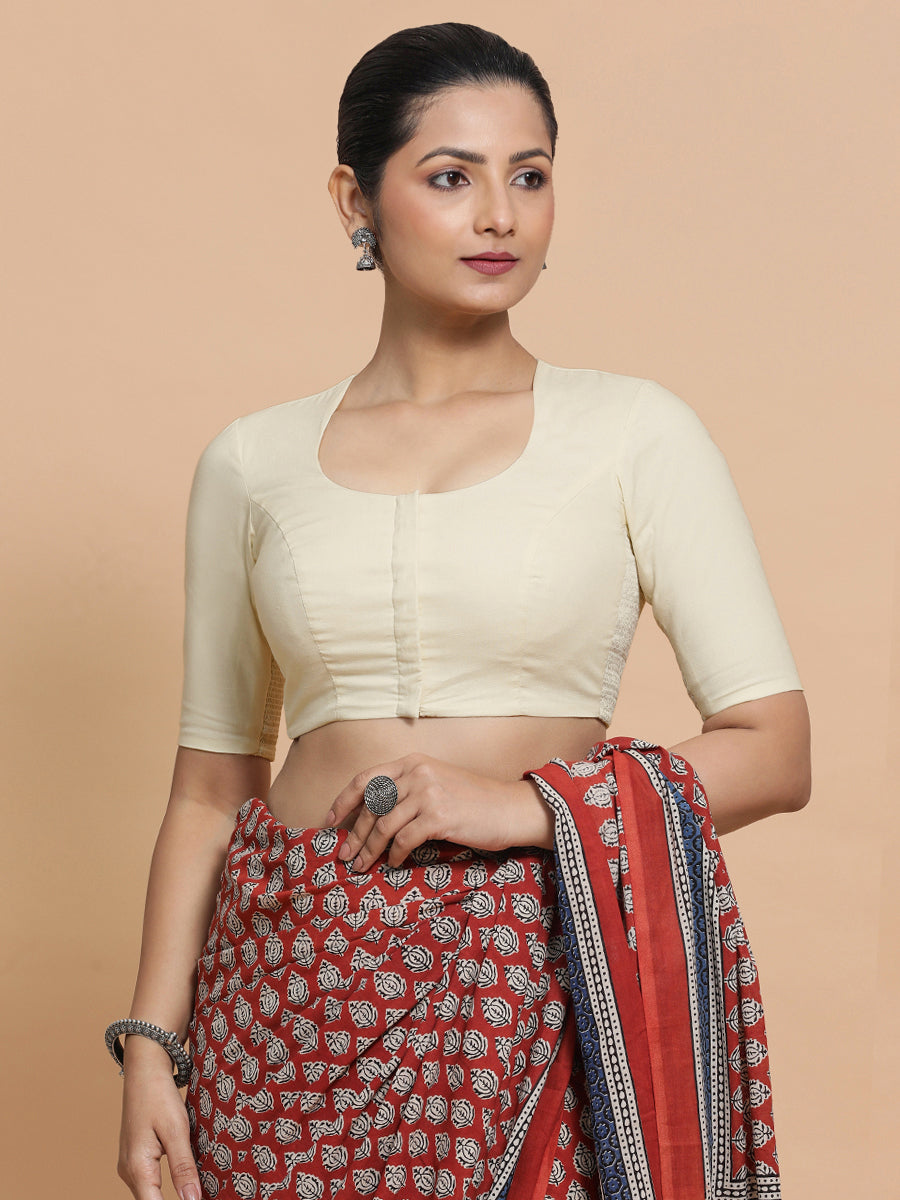 Shifa x Rozaana Saree Blouse, in White Linen, featuring elbow sleeves and pot neckline, made for daily & work (view 7).