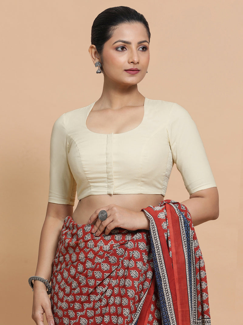 Shifa x Rozaana | Pot Neck Saree Blouse in Chalk White Linen-Binks