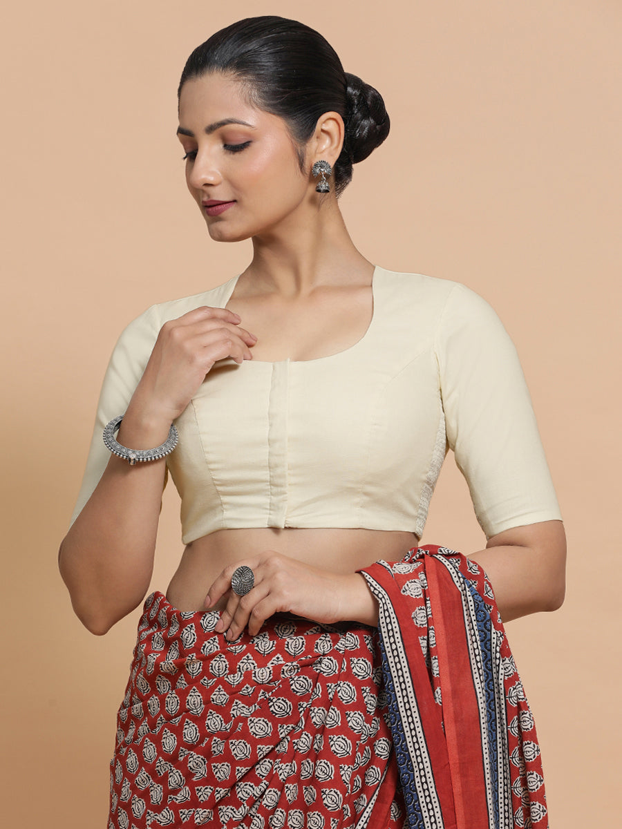 Shifa x Rozaana Saree Blouse, in White Linen, featuring elbow sleeves and pot neckline, made for daily & work (view 8).