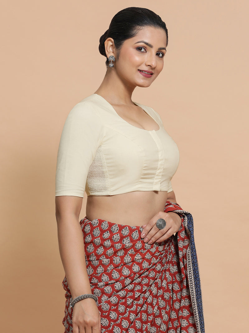 Shifa x Rozaana | Pot Neck Saree Blouse in Chalk White Linen-Binks