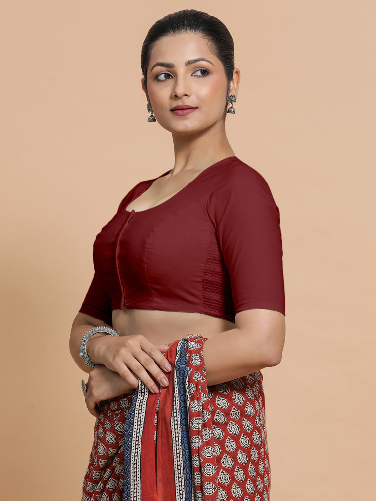 Shifa x Rozaana Saree Blouse, in Red Linen, featuring elbow sleeves and pot neckline, made for daily & work.