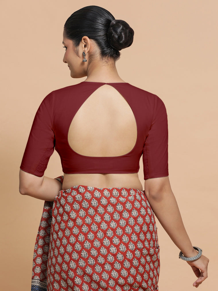 Shifa x Rozaana Saree Blouse, in Red Linen, featuring elbow sleeves and pot neckline, made for daily & work (view 2).