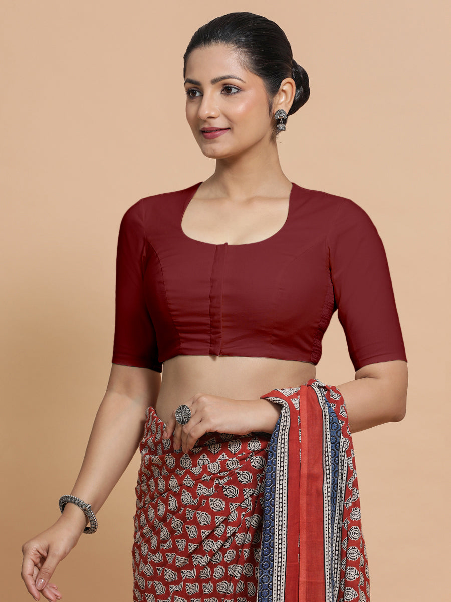 Shifa x Rozaana Saree Blouse, in Red Linen, featuring elbow sleeves and pot neckline, made for daily & work (view 6).